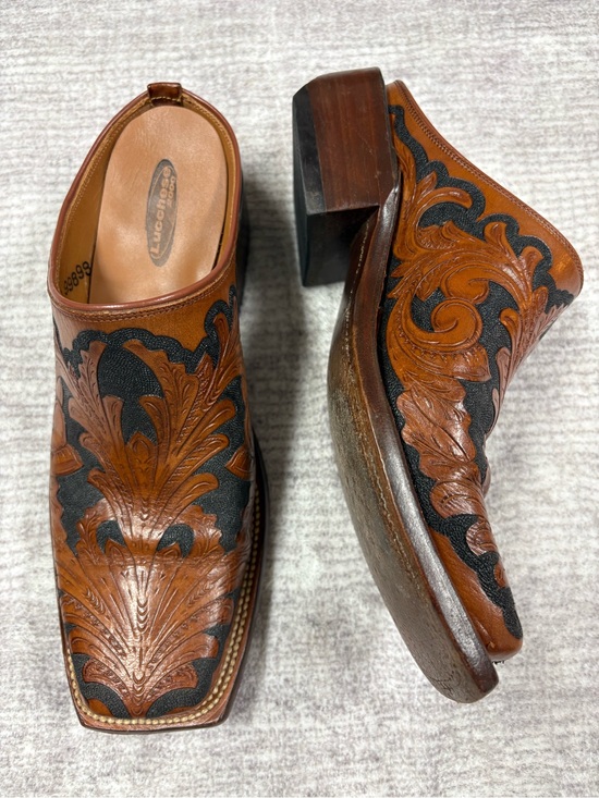 Lucchese Shoes - Vintage Lucchese Leather Tooled Western Mules Brown Black Square Toe Block Heel